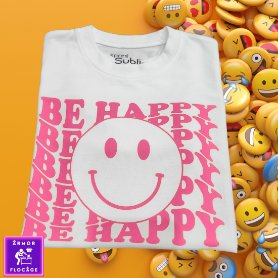 Tee-shirt blanc enfant sublimation "BE HAPPY" emoji